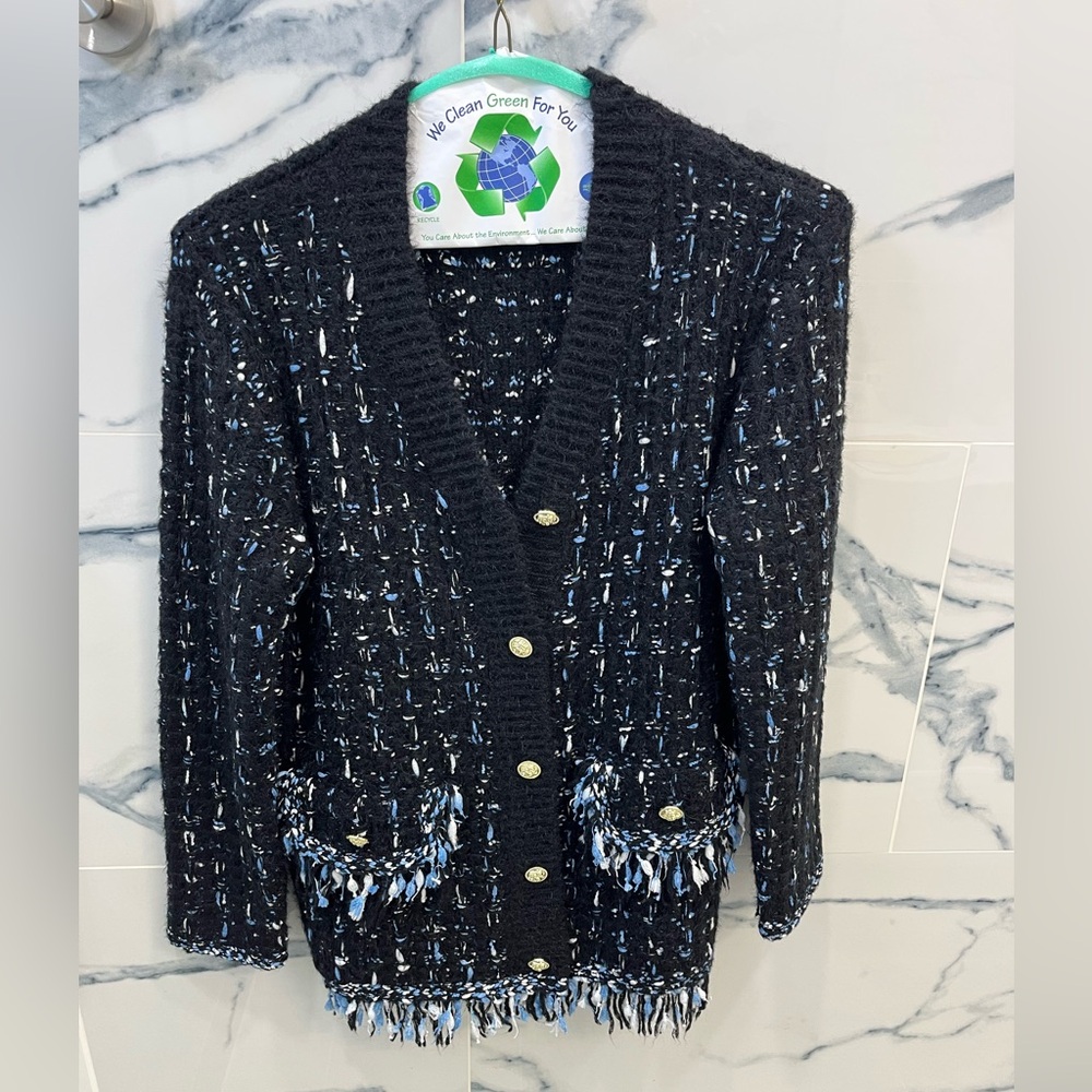 By Anthropologie Tweed Fringe Cardigan Sweater